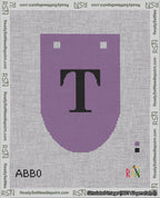 A taped needlepoint canvas with the design: Banner 18 mesh count Rounded T Black on Purple.