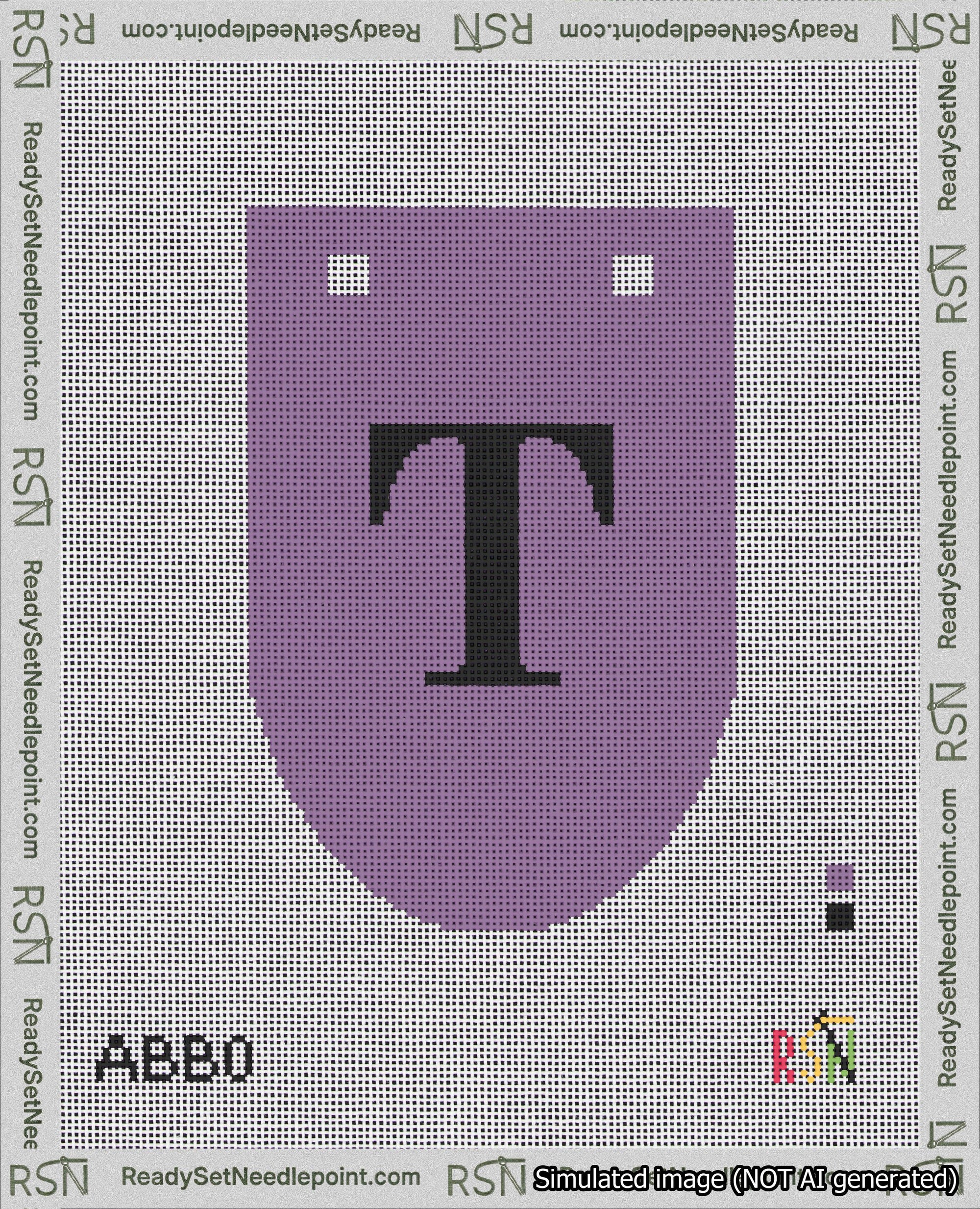 A taped needlepoint canvas with the design: Banner 18 mesh count Rounded T Black on Purple.