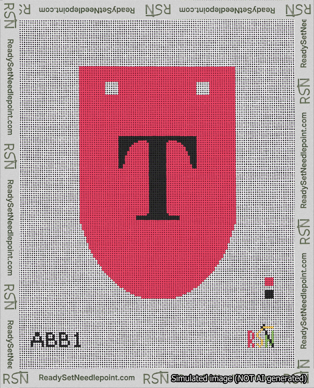 A taped needlepoint canvas with the design: Banner 18 mesh count Rounded T Black on Red.