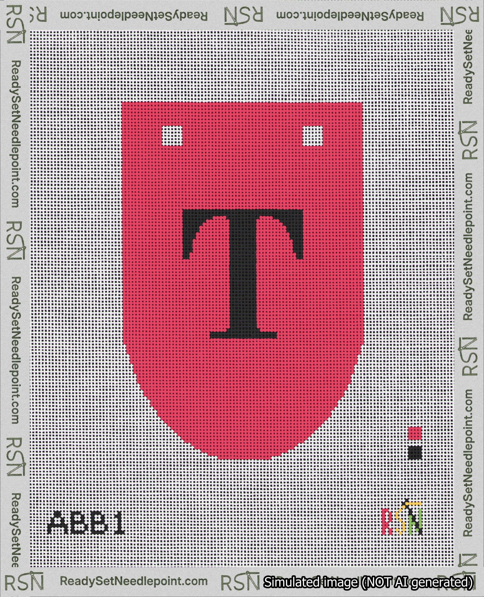 A taped needlepoint canvas with the design: Banner 18 mesh count Rounded T Black on Red.