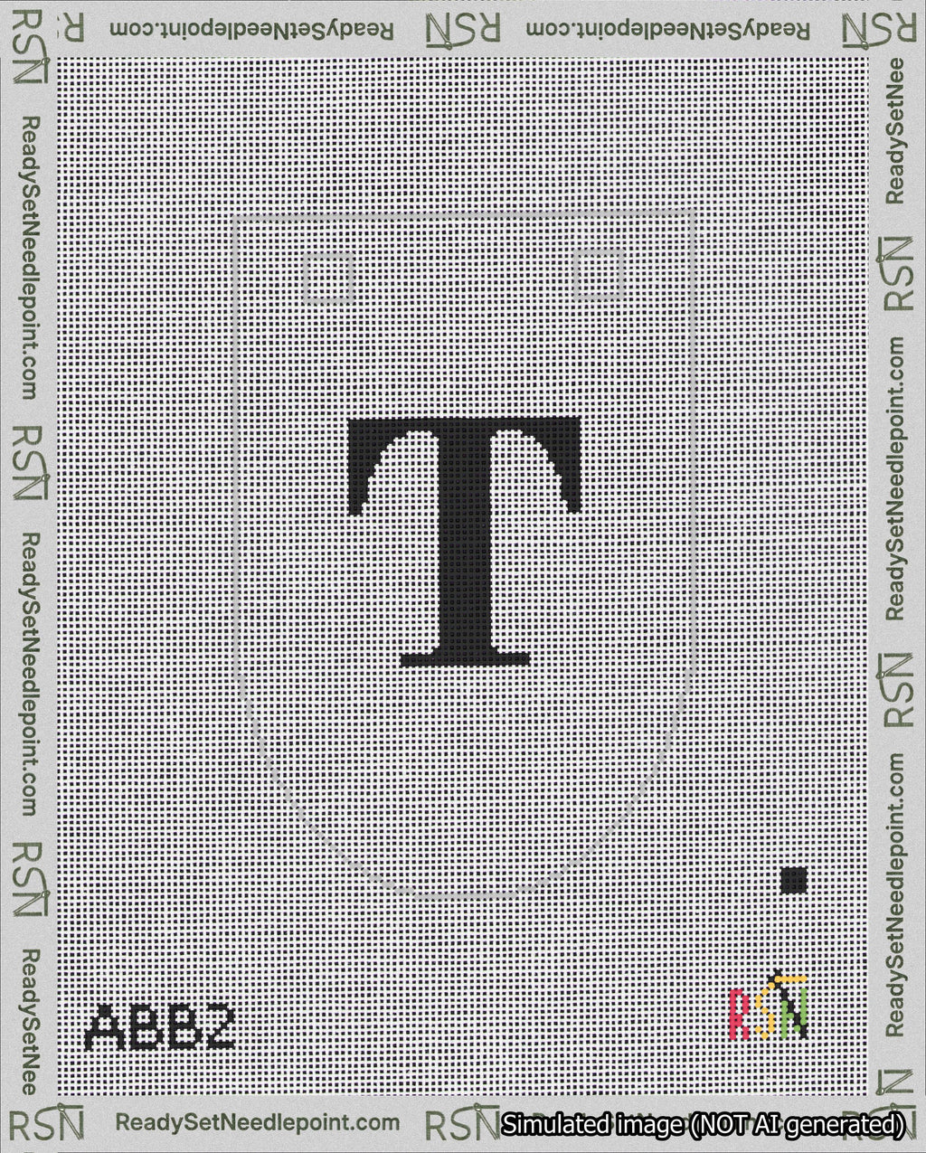 A taped needlepoint canvas with the design: Banner 18 mesh count Rounded T Black on White.