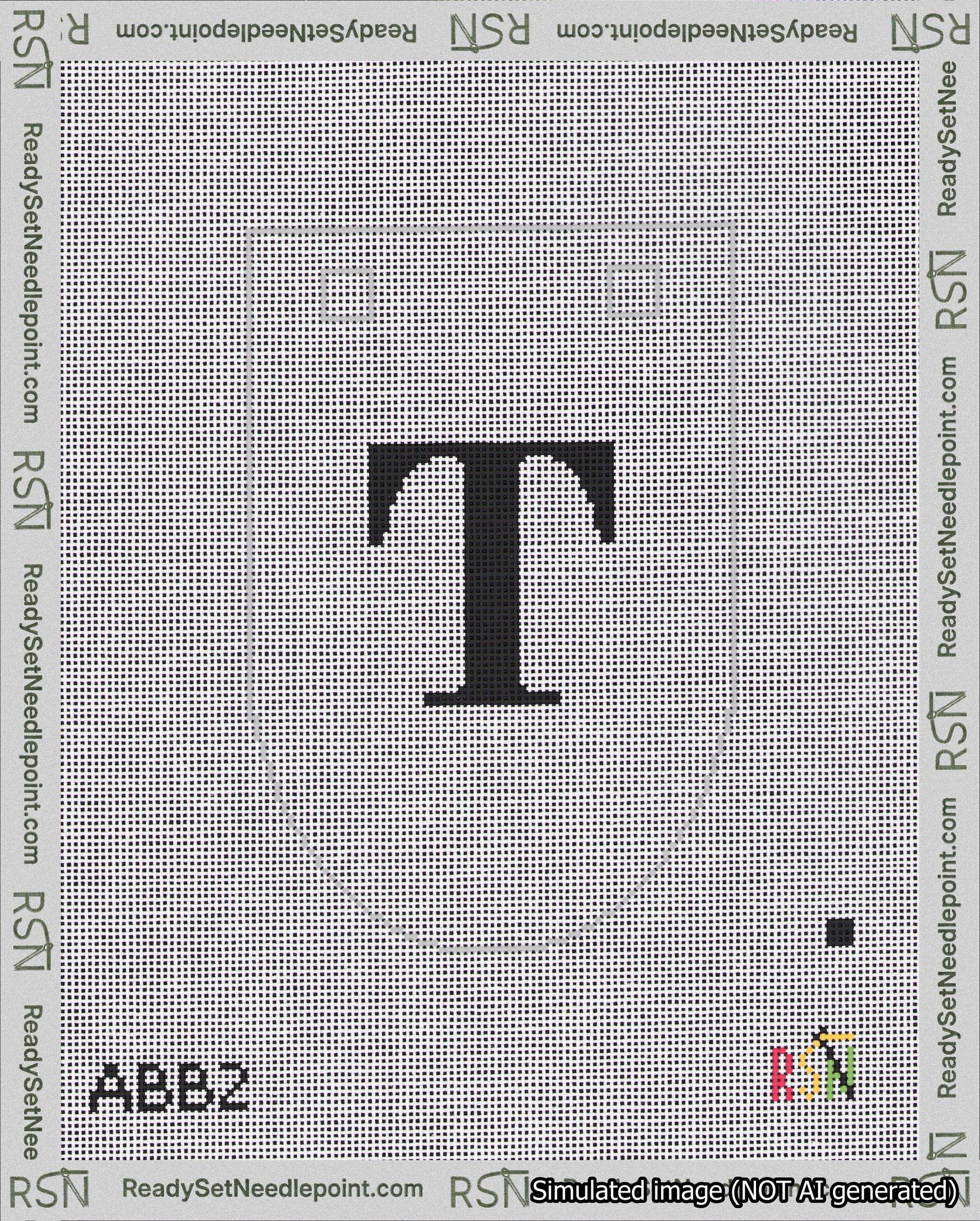 A taped needlepoint canvas with the design: Banner 18 mesh count Rounded T Black on White.