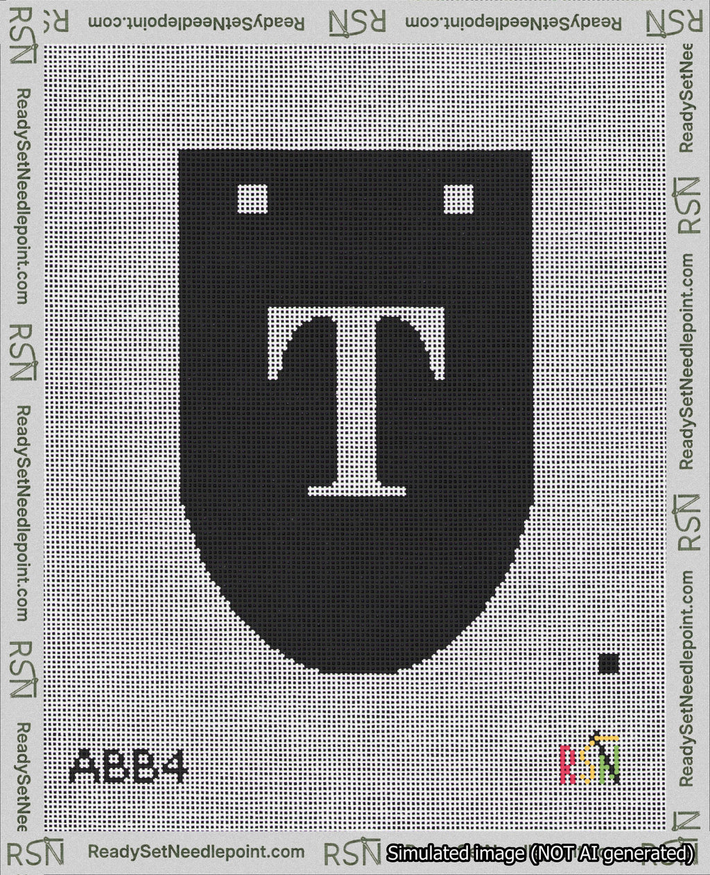 A taped needlepoint canvas with the design: Banner 18 mesh count Rounded T White on Black.