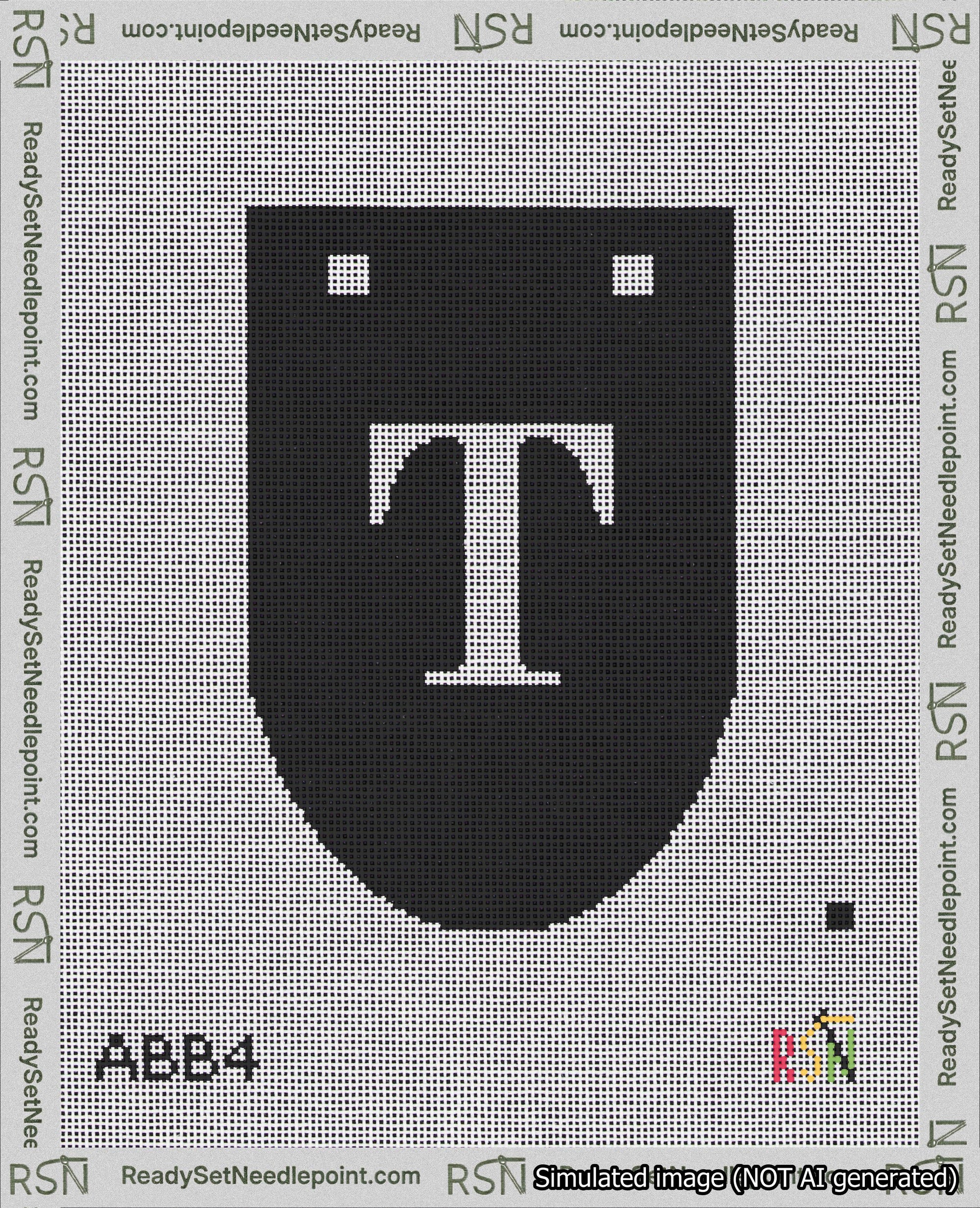 A taped needlepoint canvas with the design: Banner 18 mesh count Rounded T White on Black.