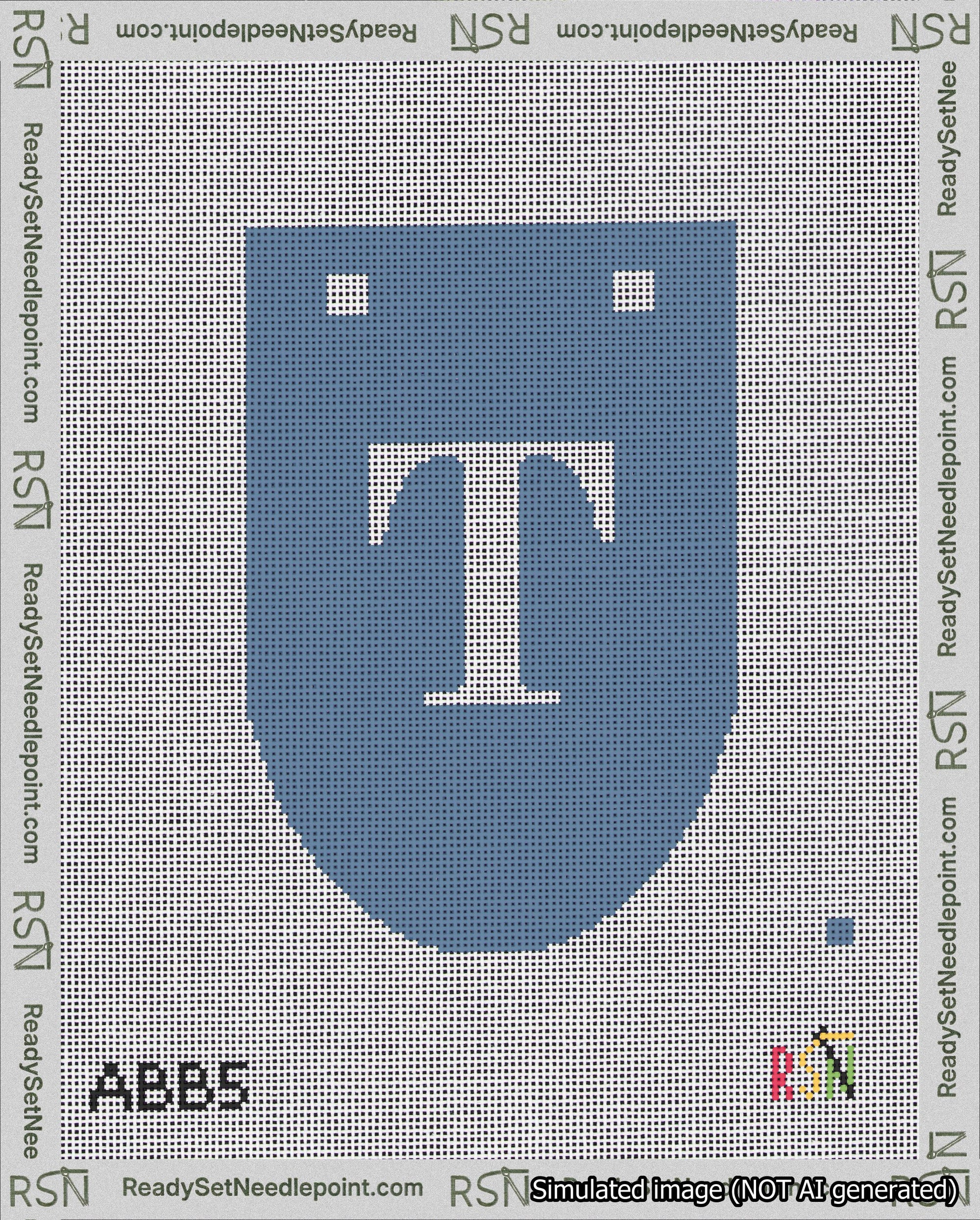 A taped needlepoint canvas with the design: Banner 18 mesh count Rounded T White on Blue.