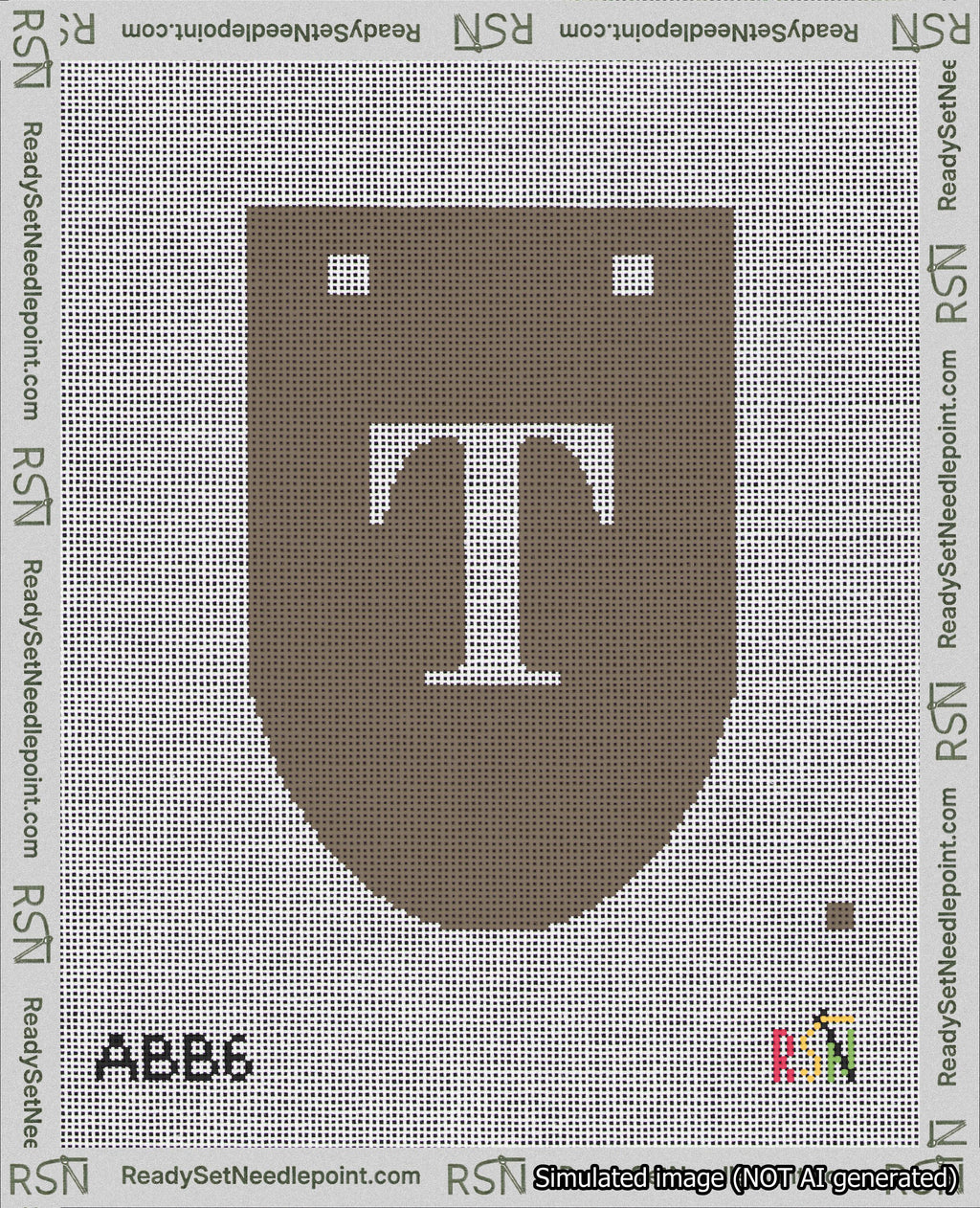 A taped needlepoint canvas with the design: Banner 18 mesh count Rounded T White on Brown.