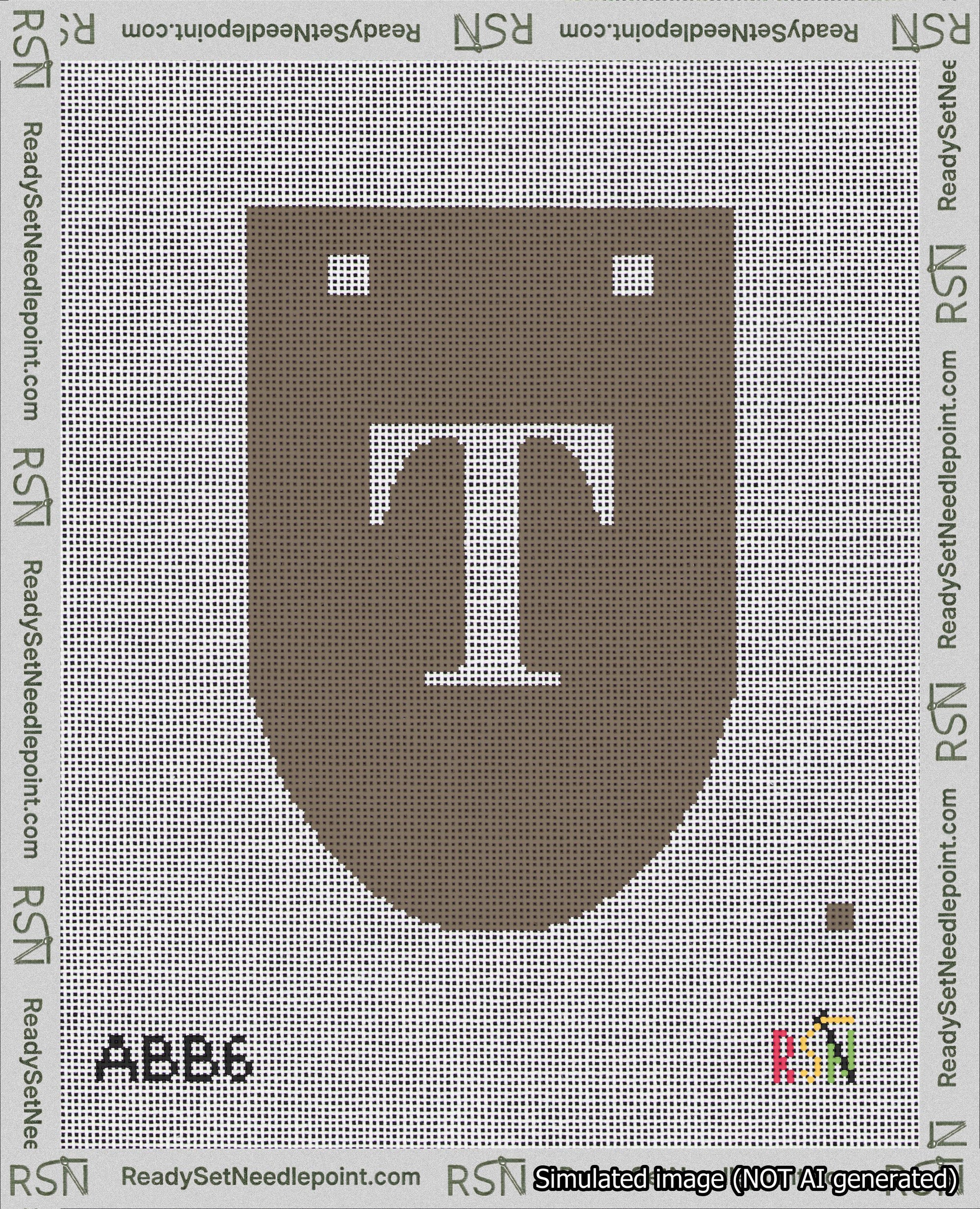 A taped needlepoint canvas with the design: Banner 18 mesh count Rounded T White on Brown.