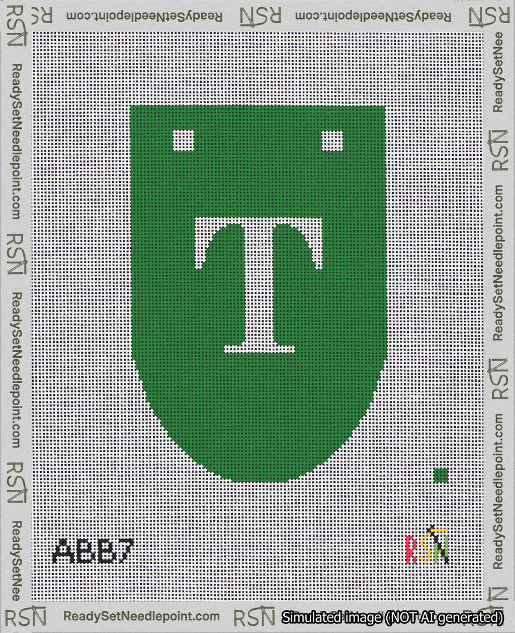 A taped needlepoint canvas with the design: Banner 18 mesh count Rounded T White on Green.