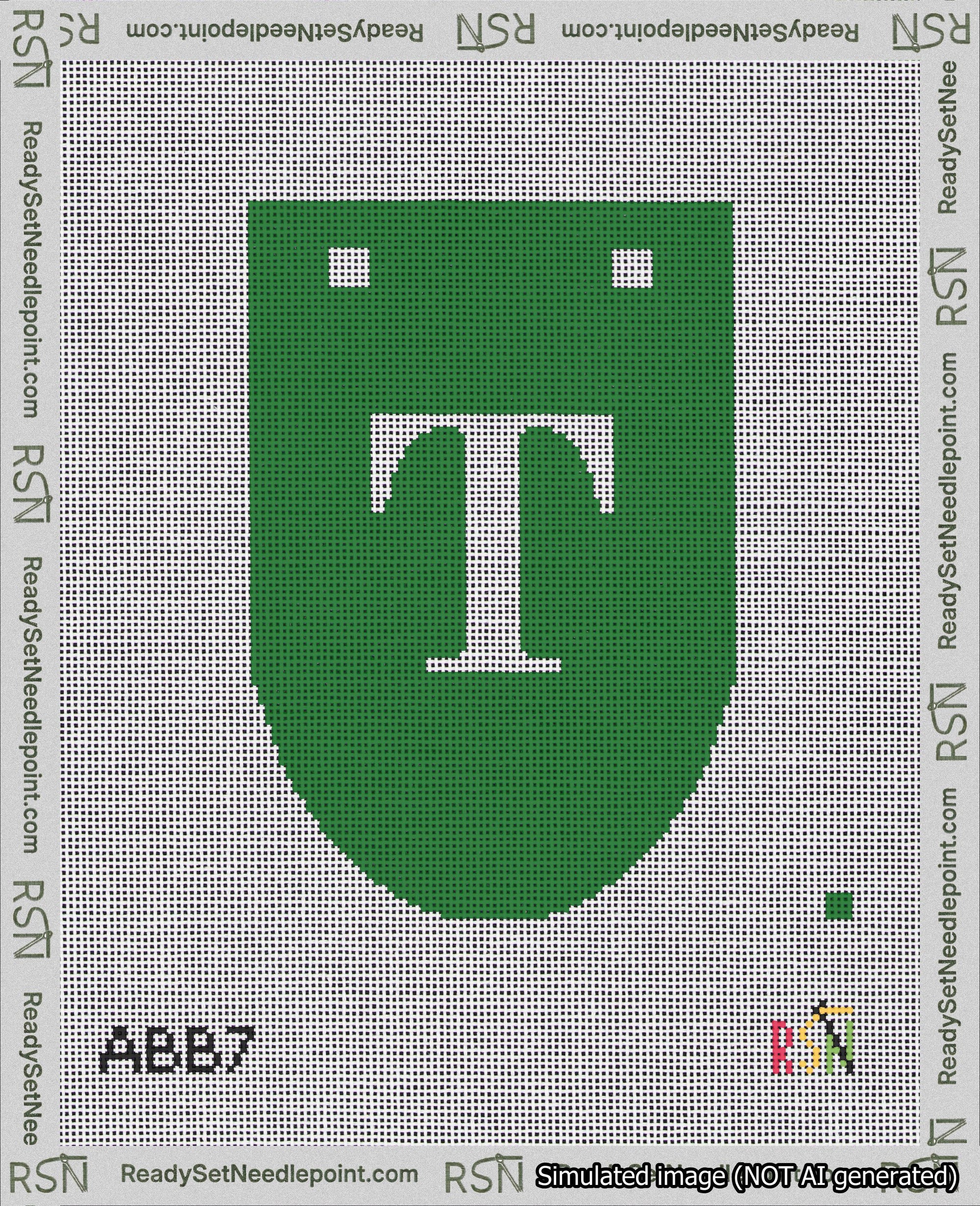 A taped needlepoint canvas with the design: Banner 18 mesh count Rounded T White on Green.