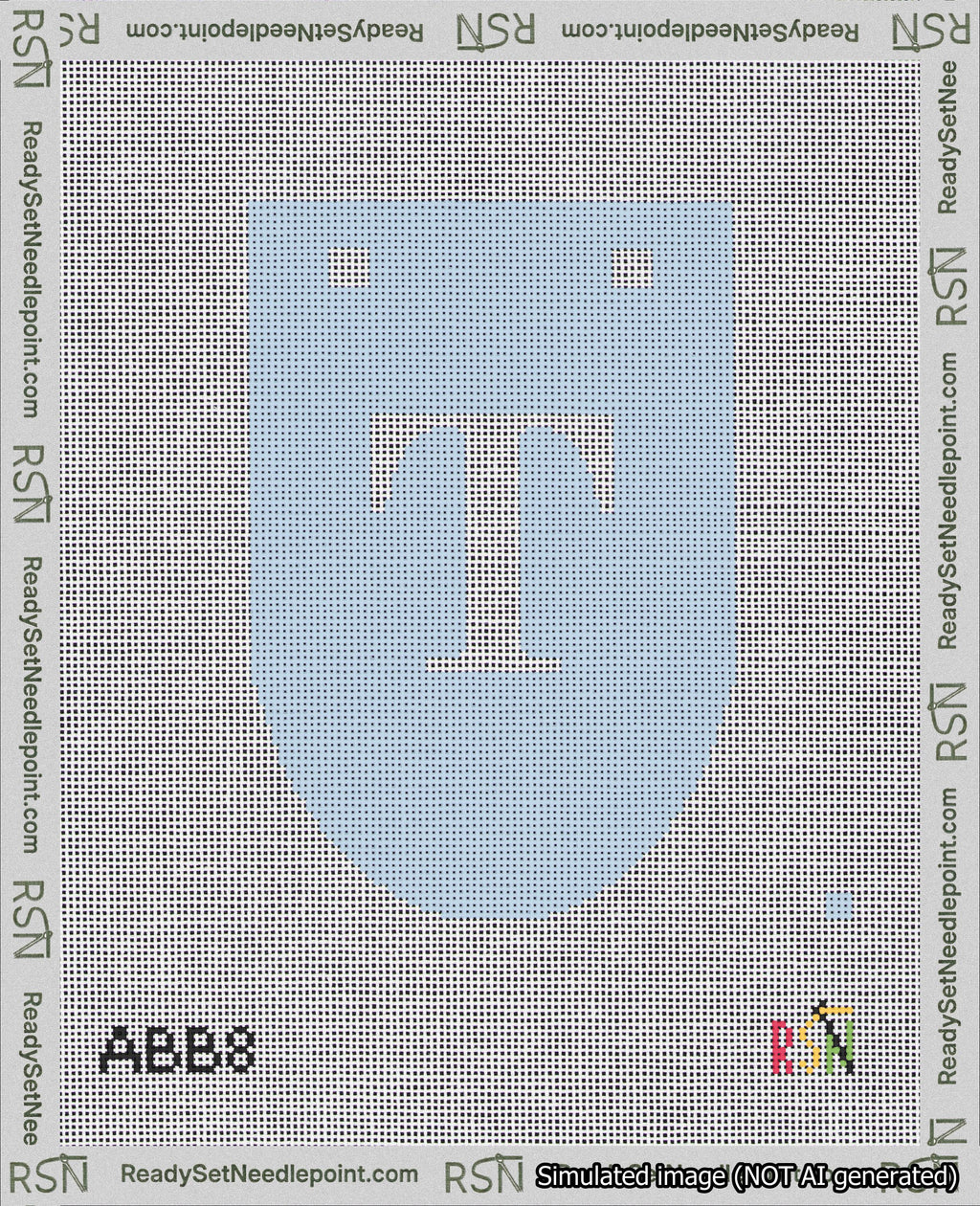 A taped needlepoint canvas with the design: Banner 18 mesh count Rounded T White on Light Blue.