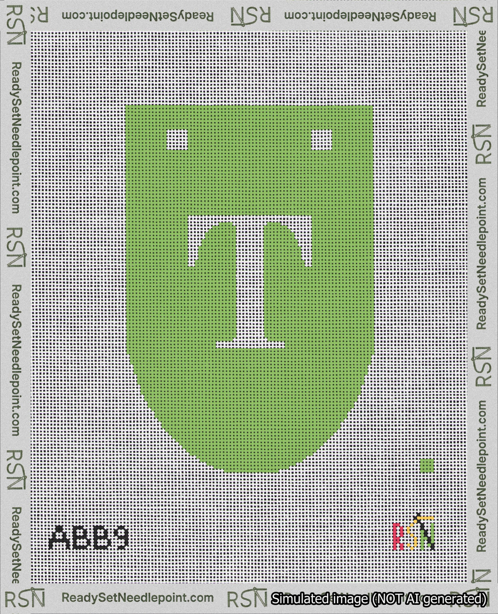 A taped needlepoint canvas with the design: Banner 18 mesh count Rounded T White on Light Green.