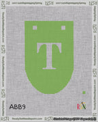 A taped needlepoint canvas with the design: Banner 18 mesh count Rounded T White on Light Green.