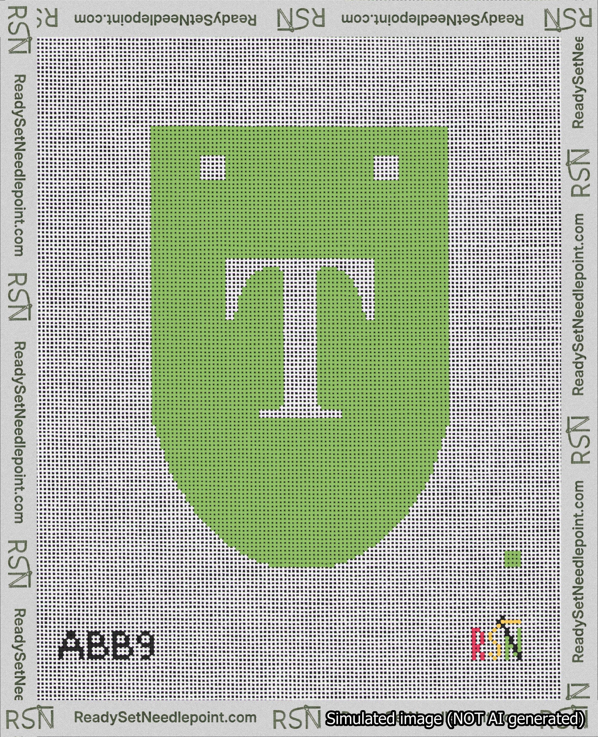 A taped needlepoint canvas with the design: Banner 18 mesh count Rounded T White on Light Green.