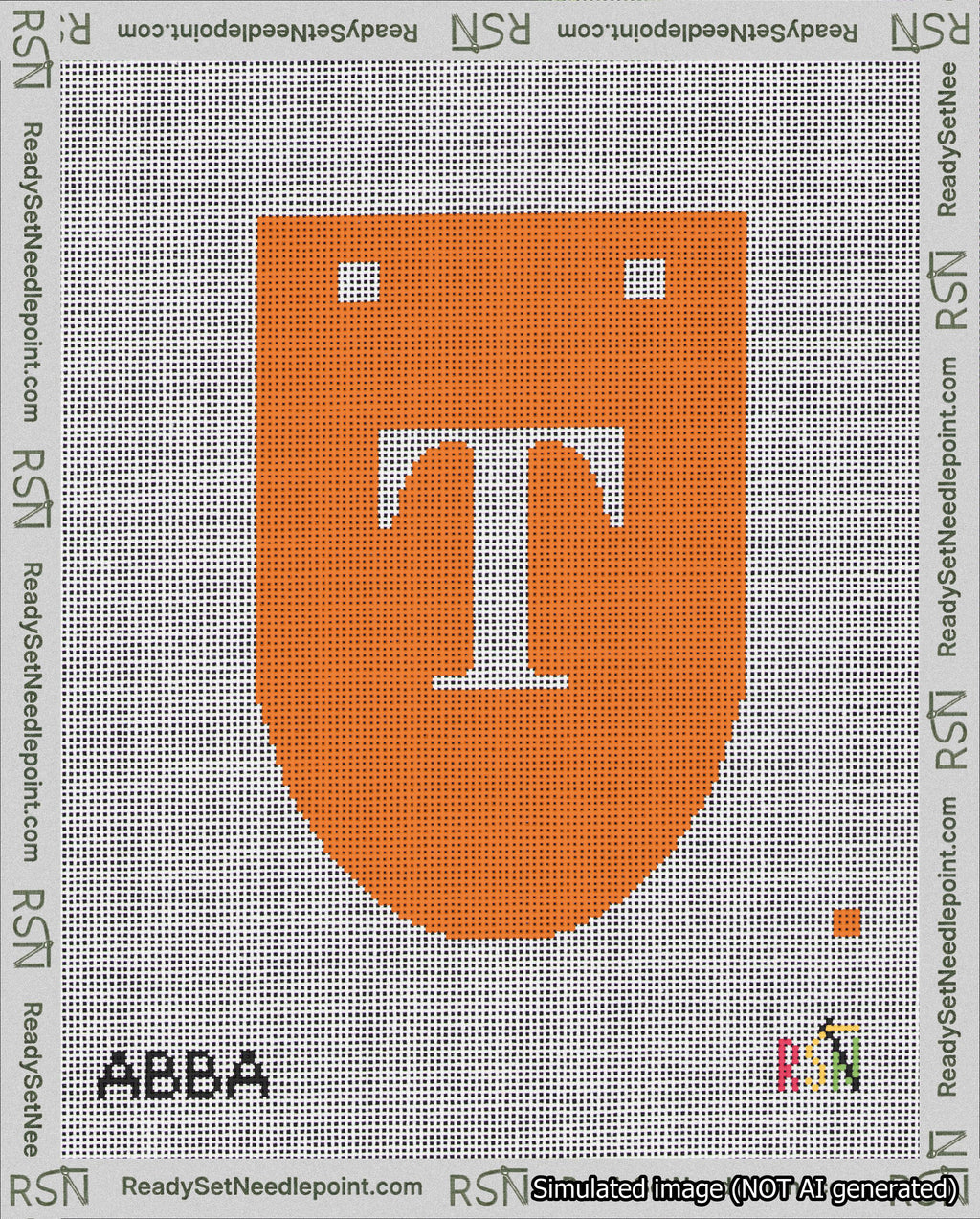 A taped needlepoint canvas with the design: Banner 18 mesh count Rounded T White on Orange.