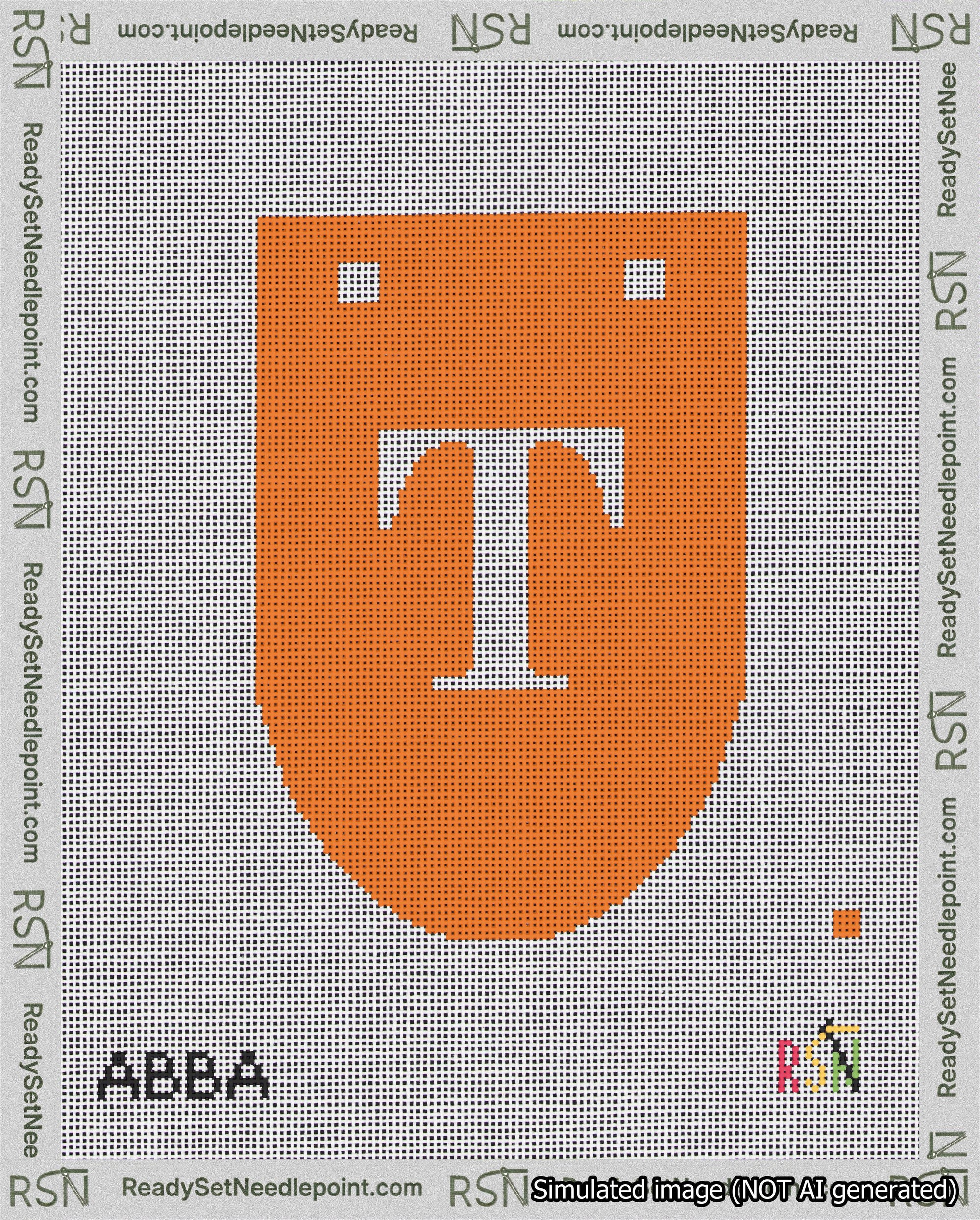 A taped needlepoint canvas with the design: Banner 18 mesh count Rounded T White on Orange.