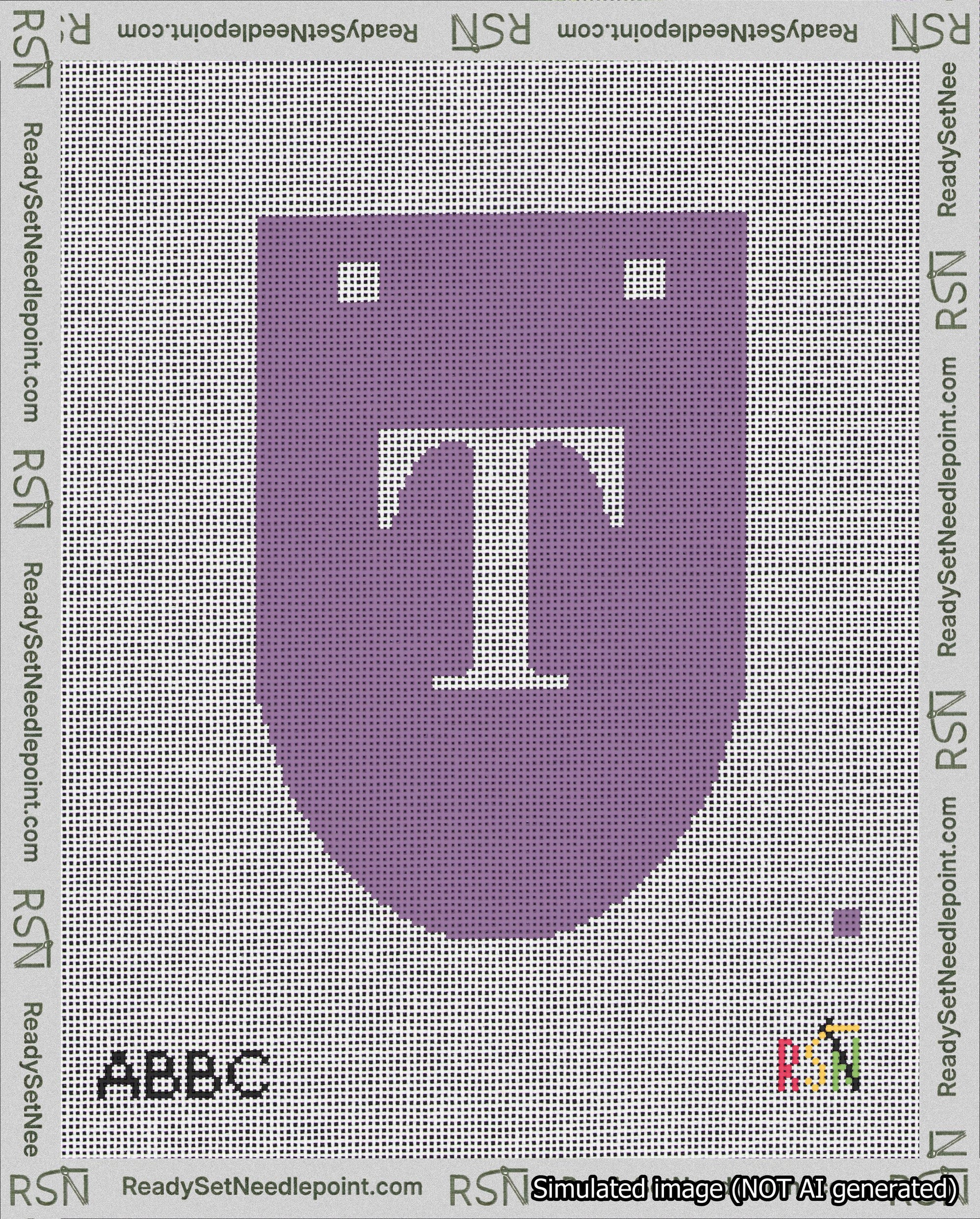 A taped needlepoint canvas with the design: Banner 18 mesh count Rounded T White on Purple.