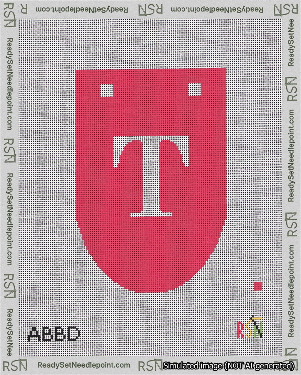 A taped needlepoint canvas with the design: Banner 18 mesh count Rounded T White on Red.