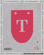 A taped needlepoint canvas with the design: Banner 18 mesh count Rounded T White on Red.