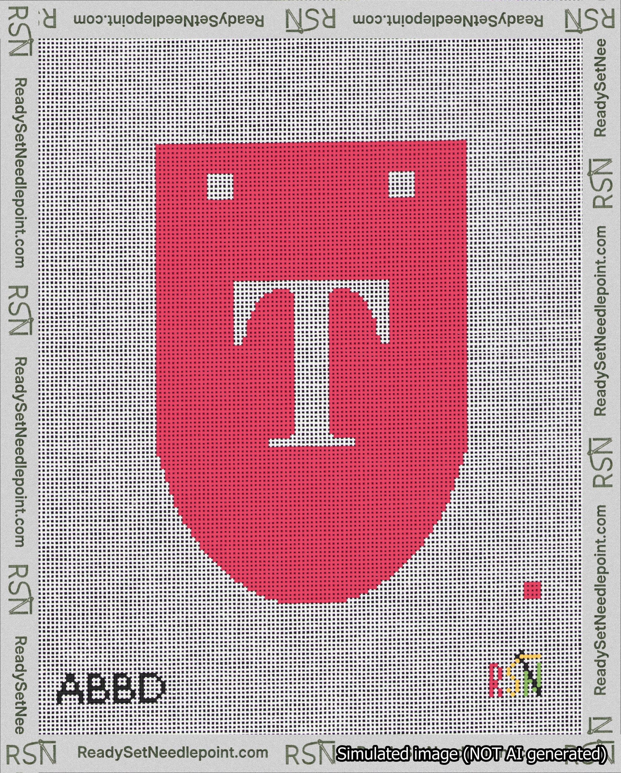 A taped needlepoint canvas with the design: Banner 18 mesh count Rounded T White on Red.