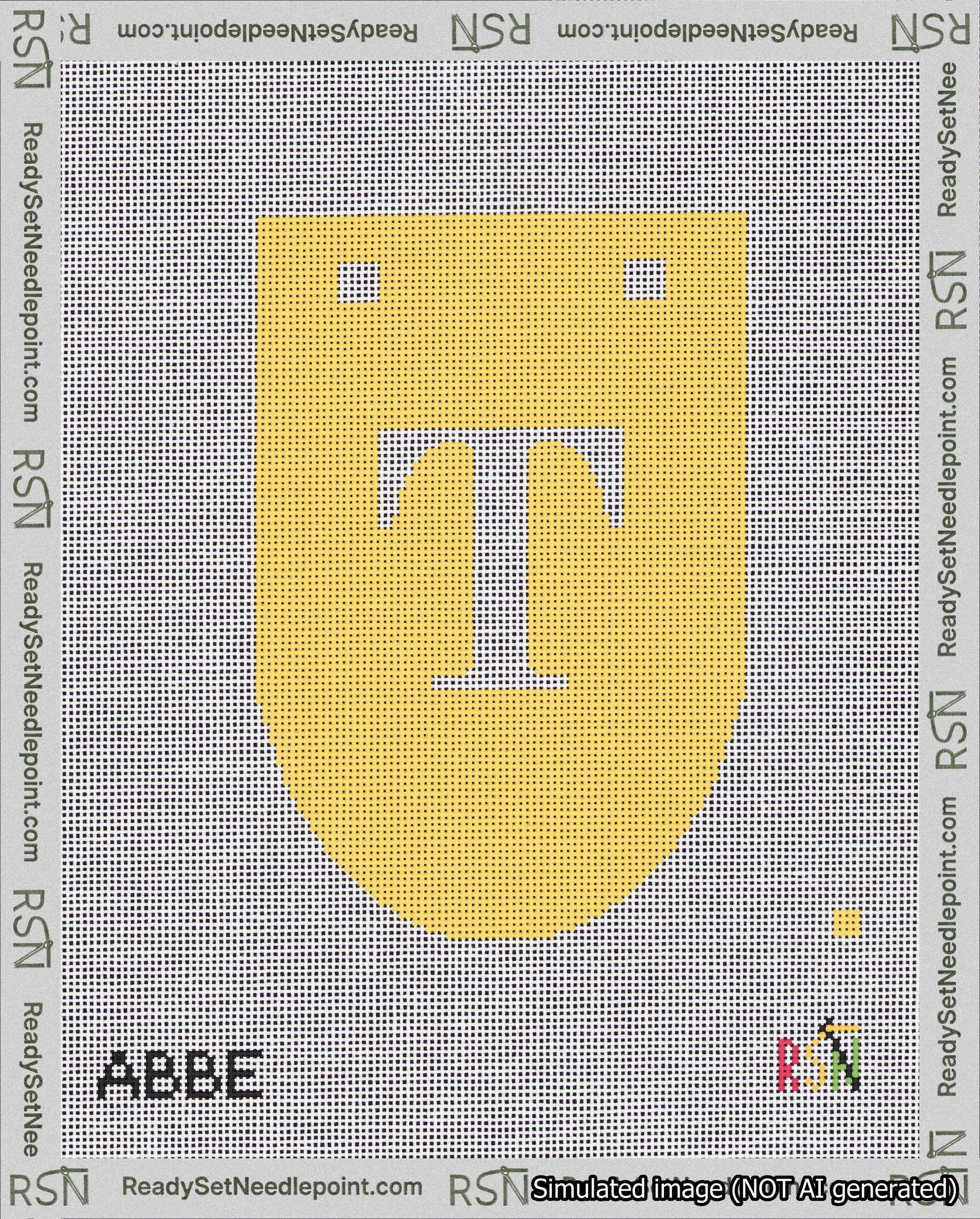 A taped needlepoint canvas with the design: Banner 18 mesh count Rounded T White on Yellow.