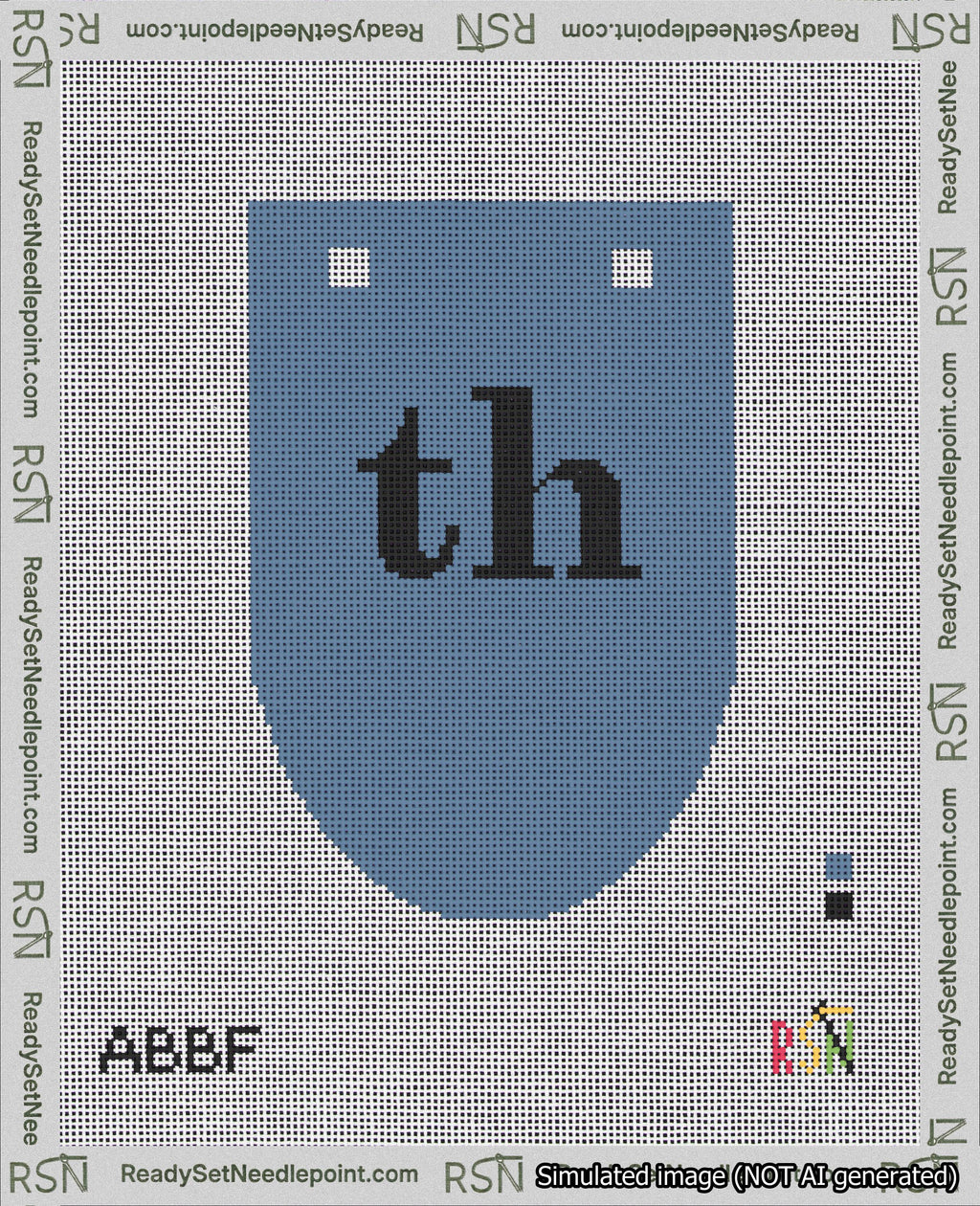 A taped needlepoint canvas with the design: Banner 18 mesh count Rounded th Black on Blue.