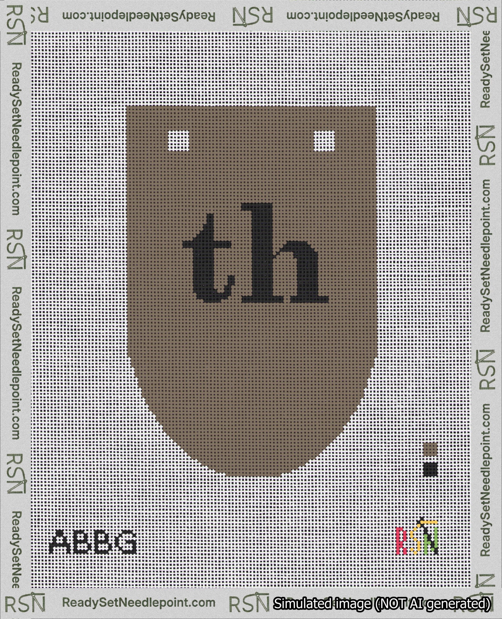 A taped needlepoint canvas with the design: Banner 18 mesh count Rounded th Black on Brown.