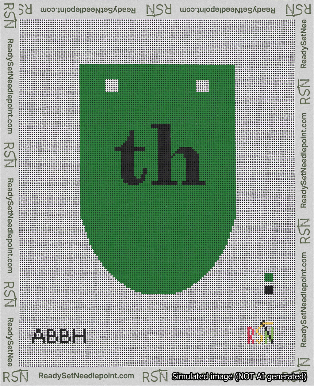 A taped needlepoint canvas with the design: Banner 18 mesh count Rounded th Black on Green.