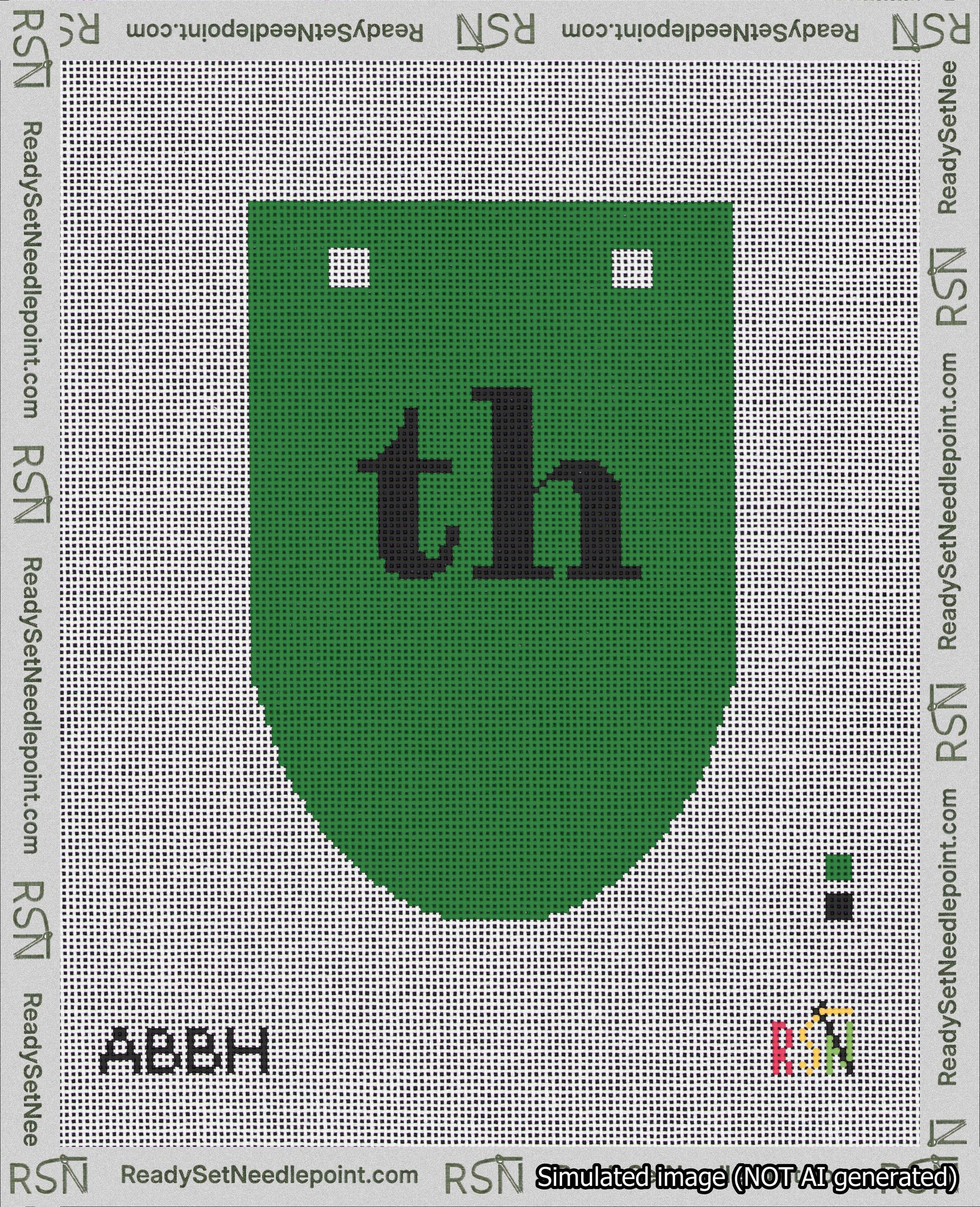 A taped needlepoint canvas with the design: Banner 18 mesh count Rounded th Black on Green.