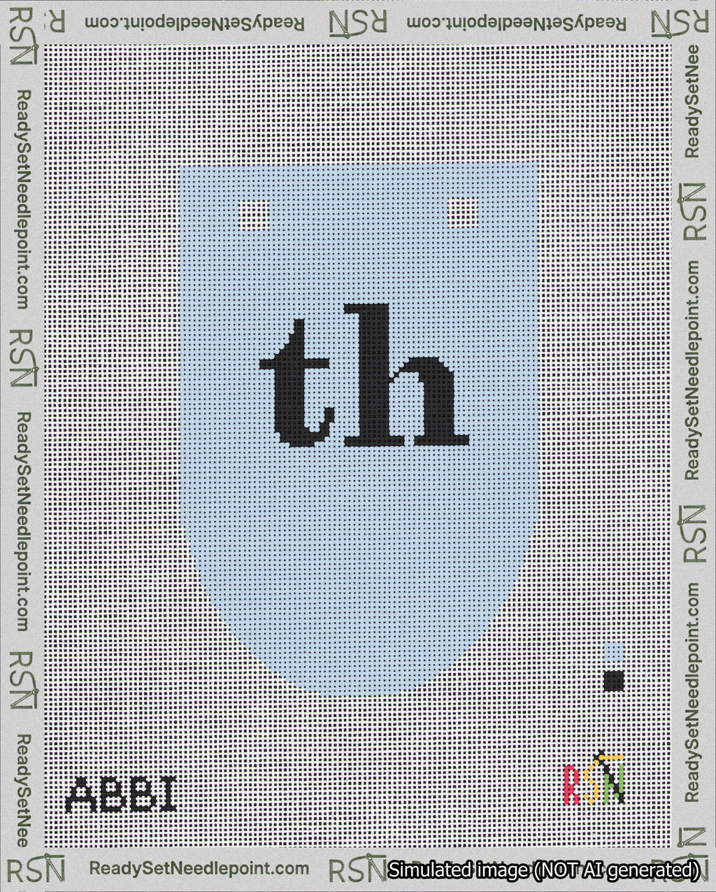 A taped needlepoint canvas with the design: Banner 18 mesh count Rounded th Black on Light Blue.