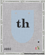 A taped needlepoint canvas with the design: Banner 18 mesh count Rounded th Black on Light Blue.
