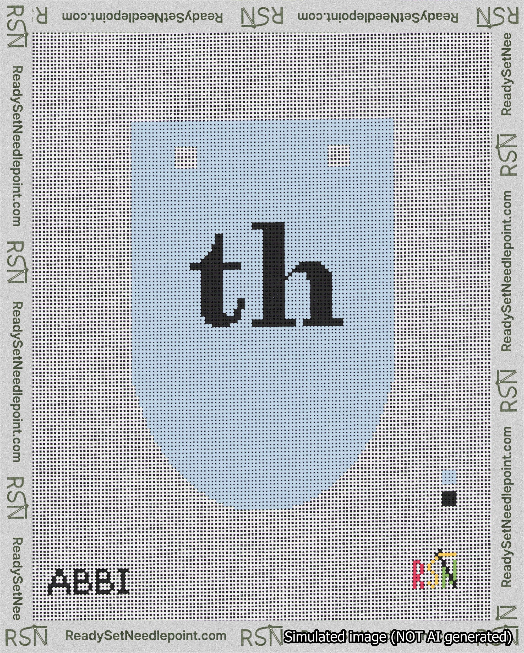 A taped needlepoint canvas with the design: Banner 18 mesh count Rounded th Black on Light Blue.