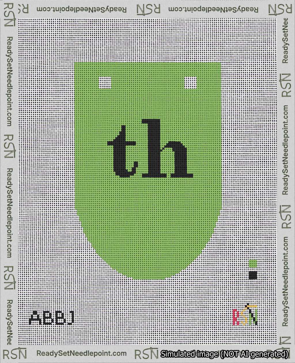 A taped needlepoint canvas with the design: Banner 18 mesh count Rounded th Black on Light Green.