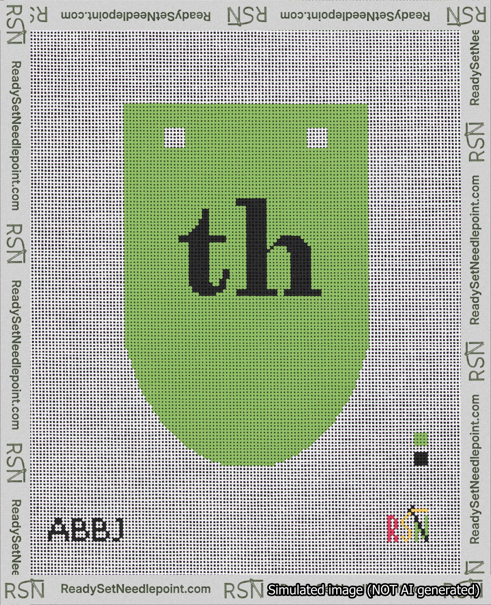 A taped needlepoint canvas with the design: Banner 18 mesh count Rounded th Black on Light Green.