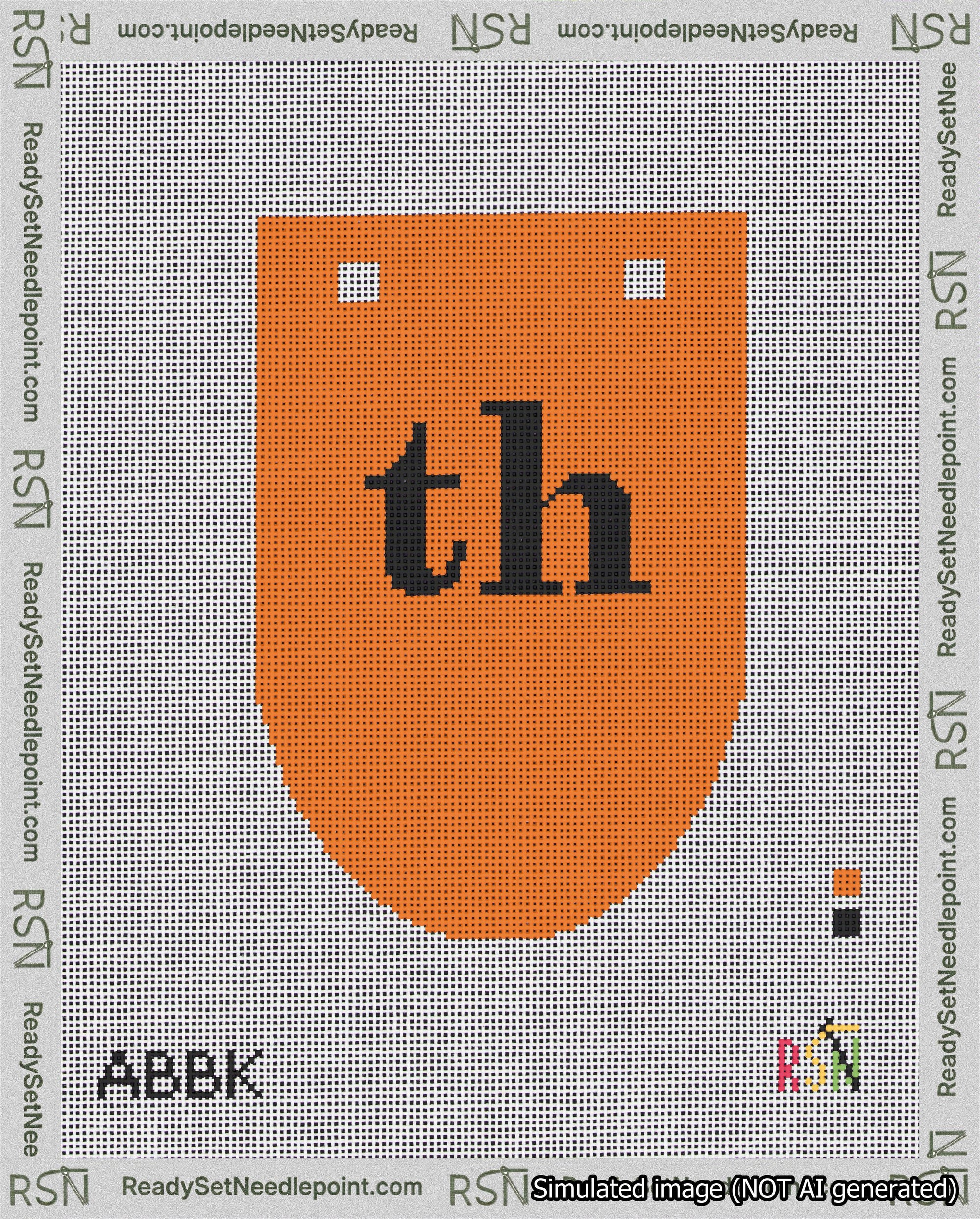 A taped needlepoint canvas with the design: Banner 18 mesh count Rounded th Black on Orange.