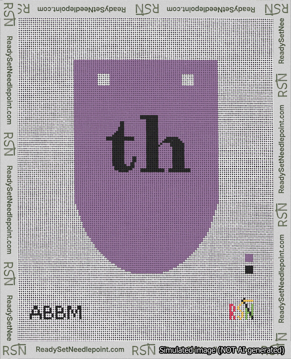 A taped needlepoint canvas with the design: Banner 18 mesh count Rounded th Black on Purple.
