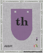 A taped needlepoint canvas with the design: Banner 18 mesh count Rounded th Black on Purple.