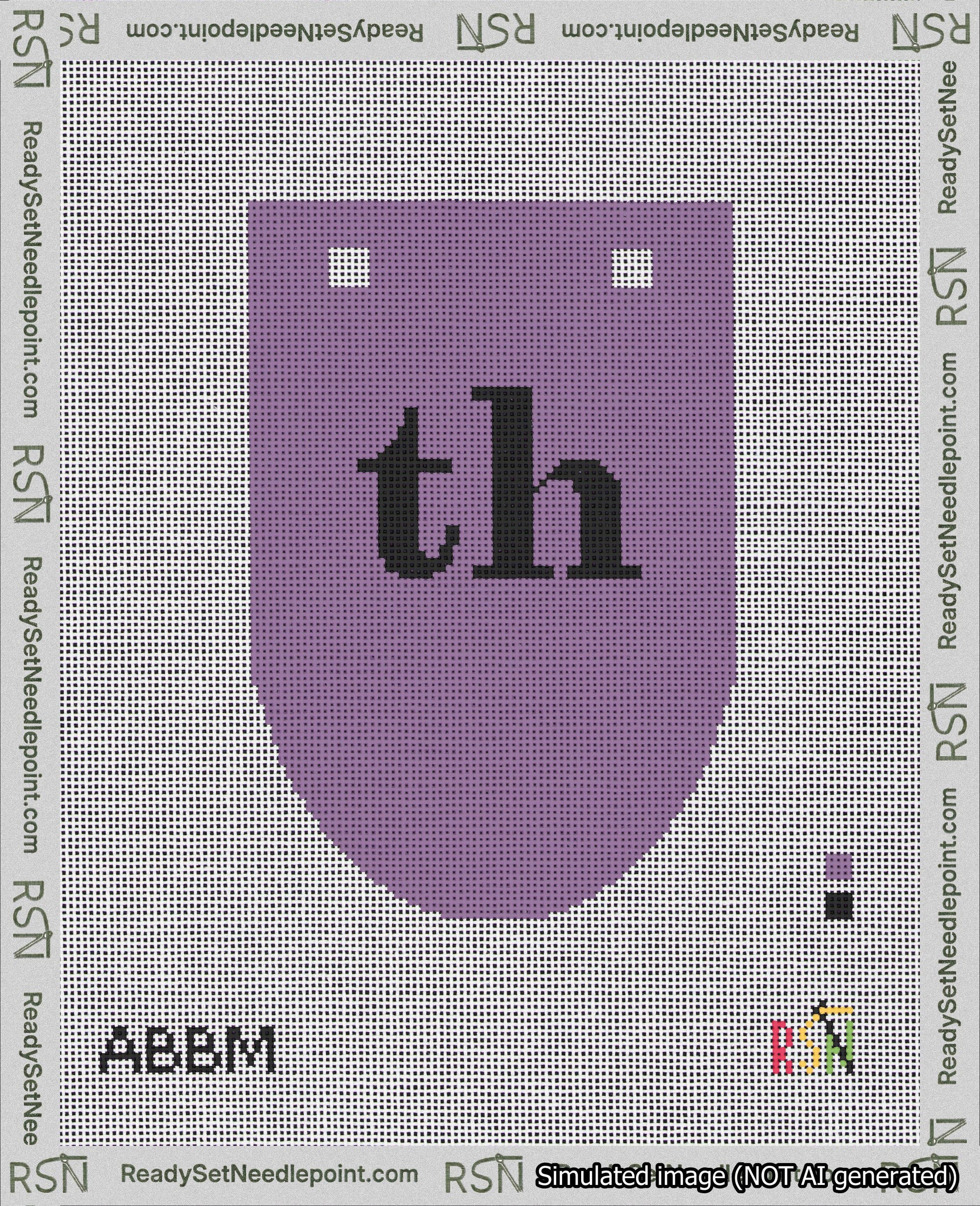 A taped needlepoint canvas with the design: Banner 18 mesh count Rounded th Black on Purple.
