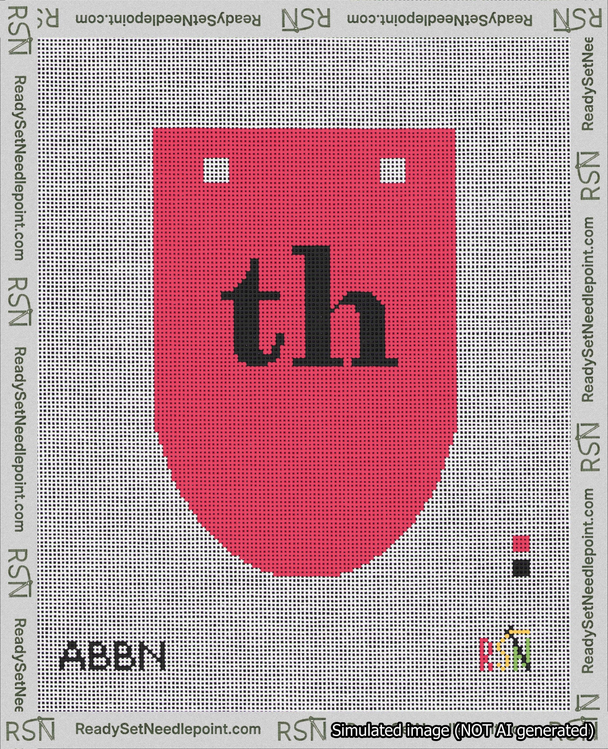 A taped needlepoint canvas with the design: Banner 18 mesh count Rounded th Black on Red.