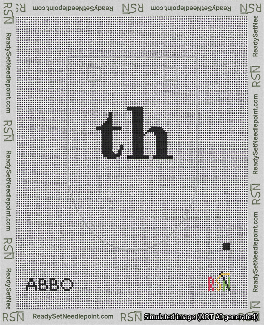 A taped needlepoint canvas with the design: Banner 18 mesh count Rounded th Black on White.