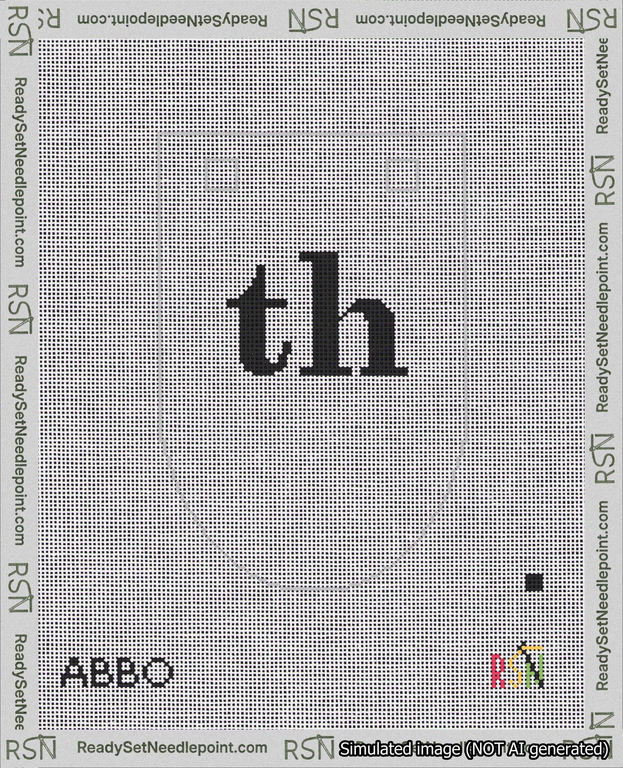 A taped needlepoint canvas with the design: Banner 18 mesh count Rounded th Black on White.