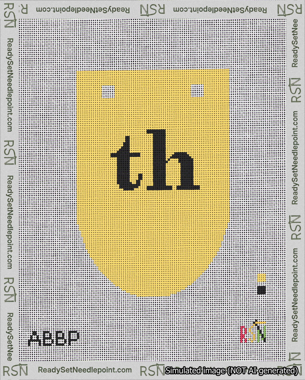 A taped needlepoint canvas with the design: Banner 18 mesh count Rounded th Black on Yellow.