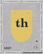 A taped needlepoint canvas with the design: Banner 18 mesh count Rounded th Black on Yellow.
