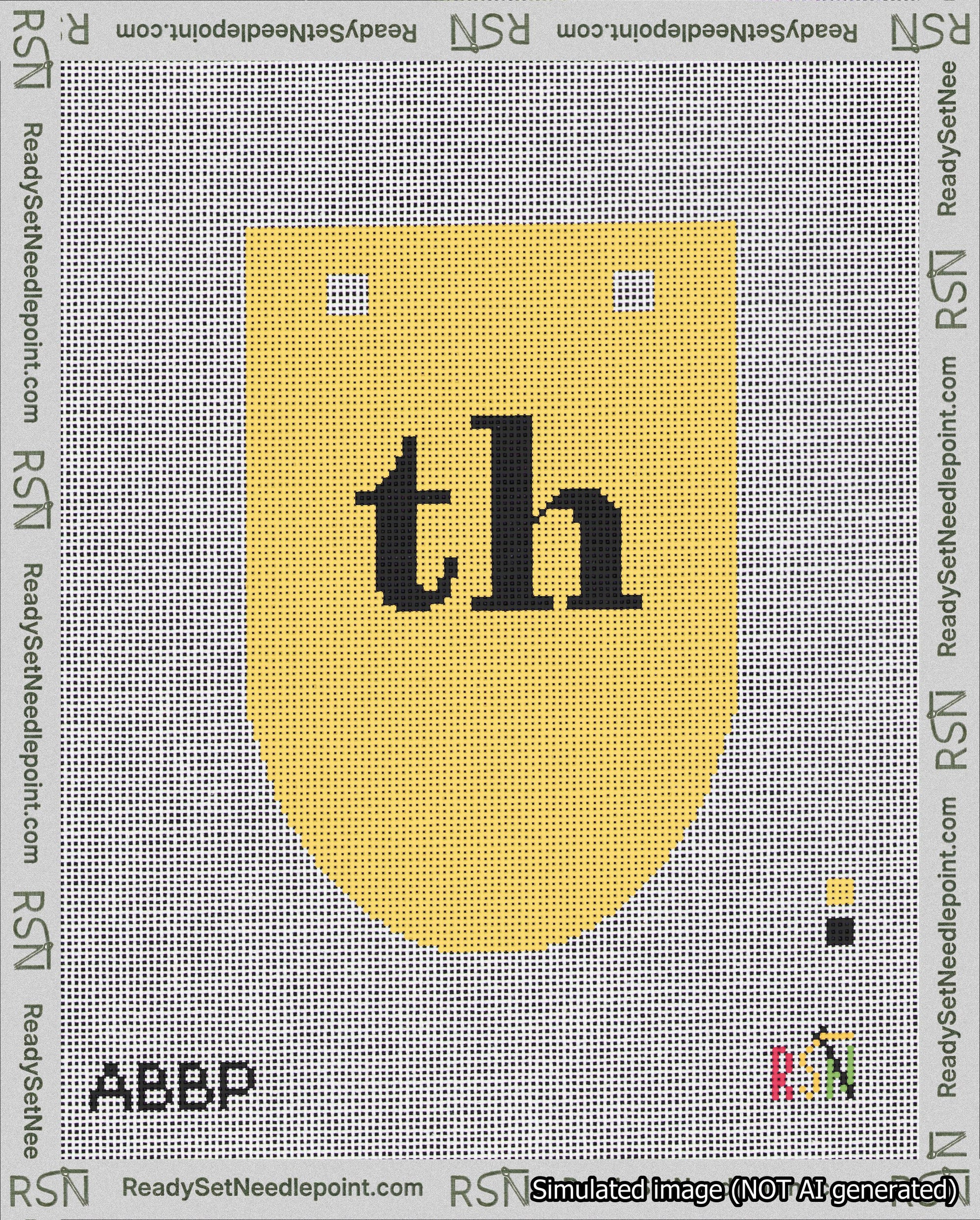 A taped needlepoint canvas with the design: Banner 18 mesh count Rounded th Black on Yellow.