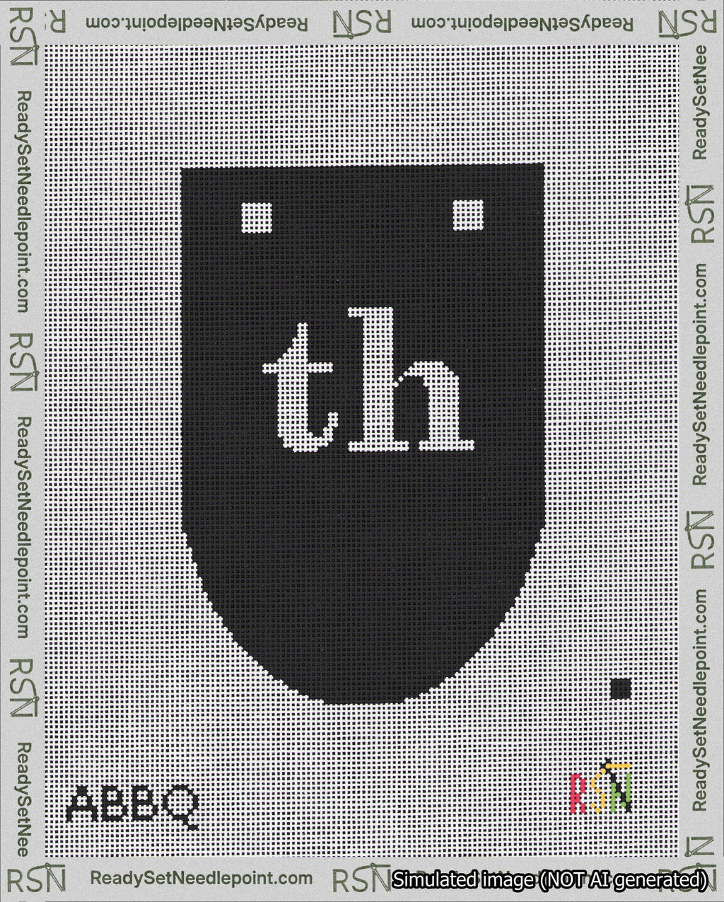 A taped needlepoint canvas with the design: Banner 18 mesh count Rounded th White on Black.