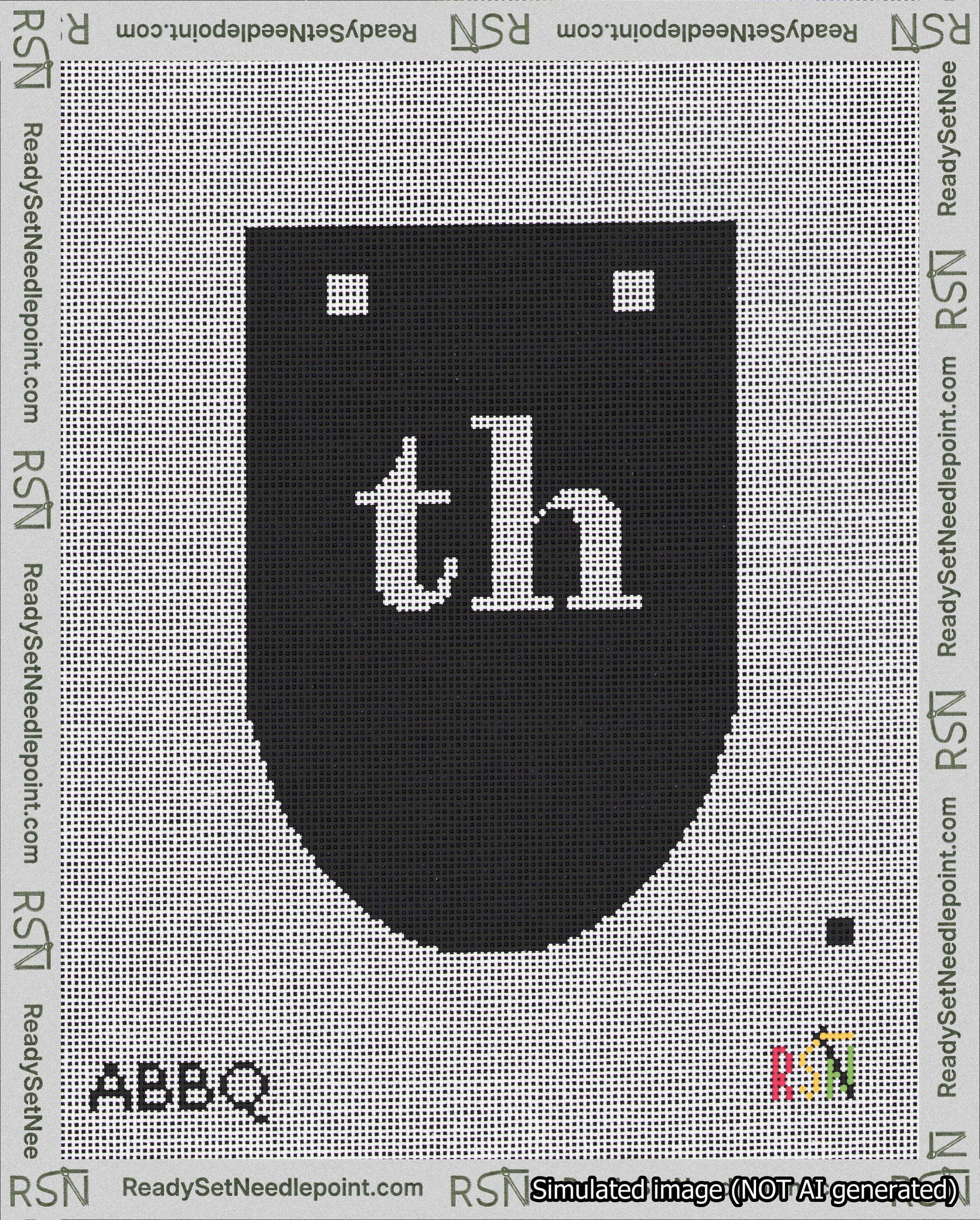 A taped needlepoint canvas with the design: Banner 18 mesh count Rounded th White on Black.