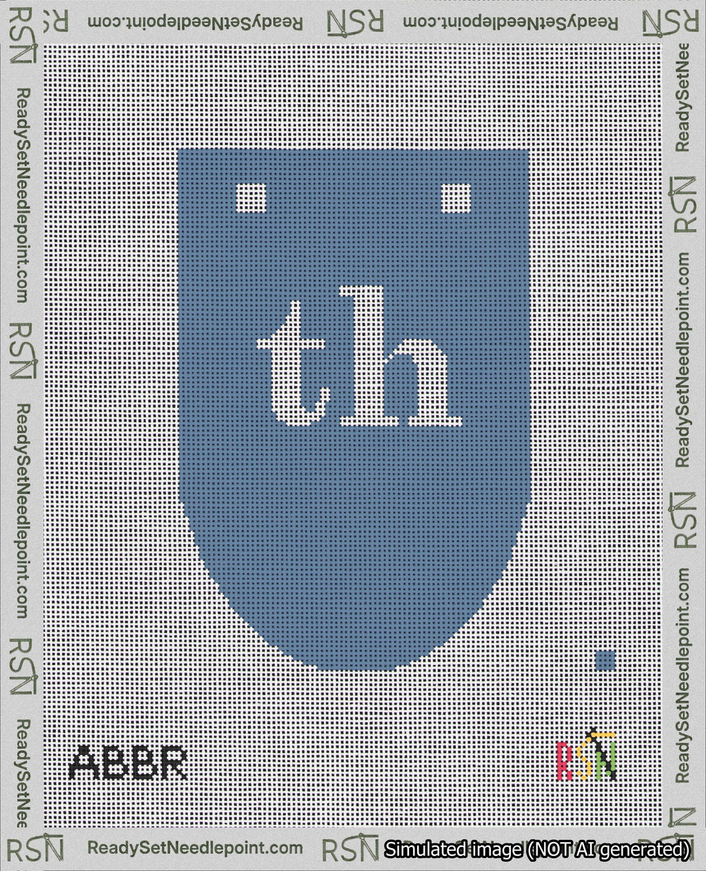 A taped needlepoint canvas with the design: Banner 18 mesh count Rounded th White on Blue.