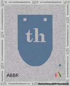 A taped needlepoint canvas with the design: Banner 18 mesh count Rounded th White on Blue.