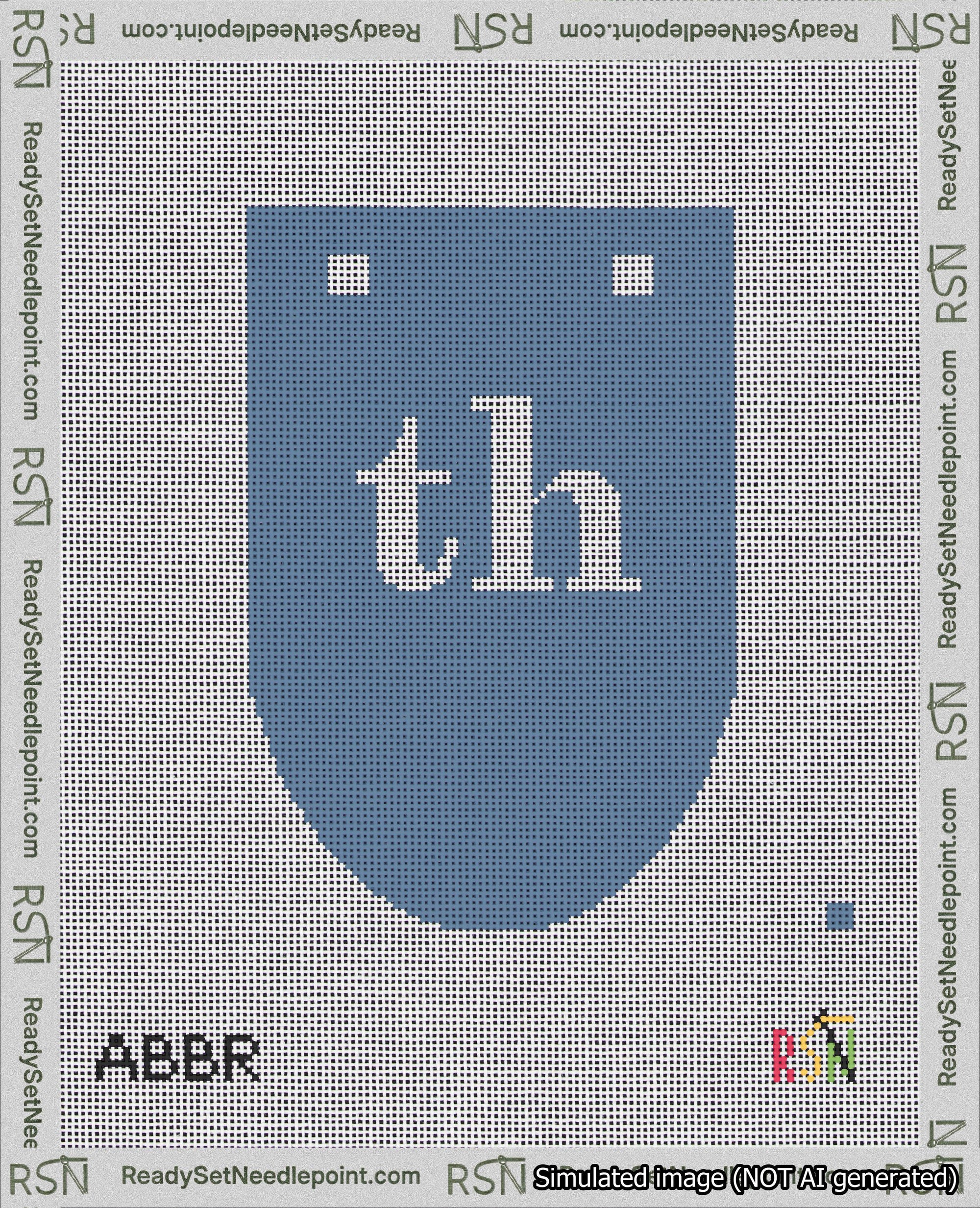 A taped needlepoint canvas with the design: Banner 18 mesh count Rounded th White on Blue.