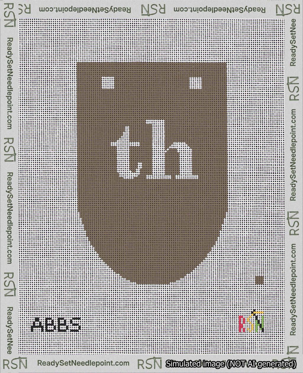 A taped needlepoint canvas with the design: Banner 18 mesh count Rounded th White on Brown.