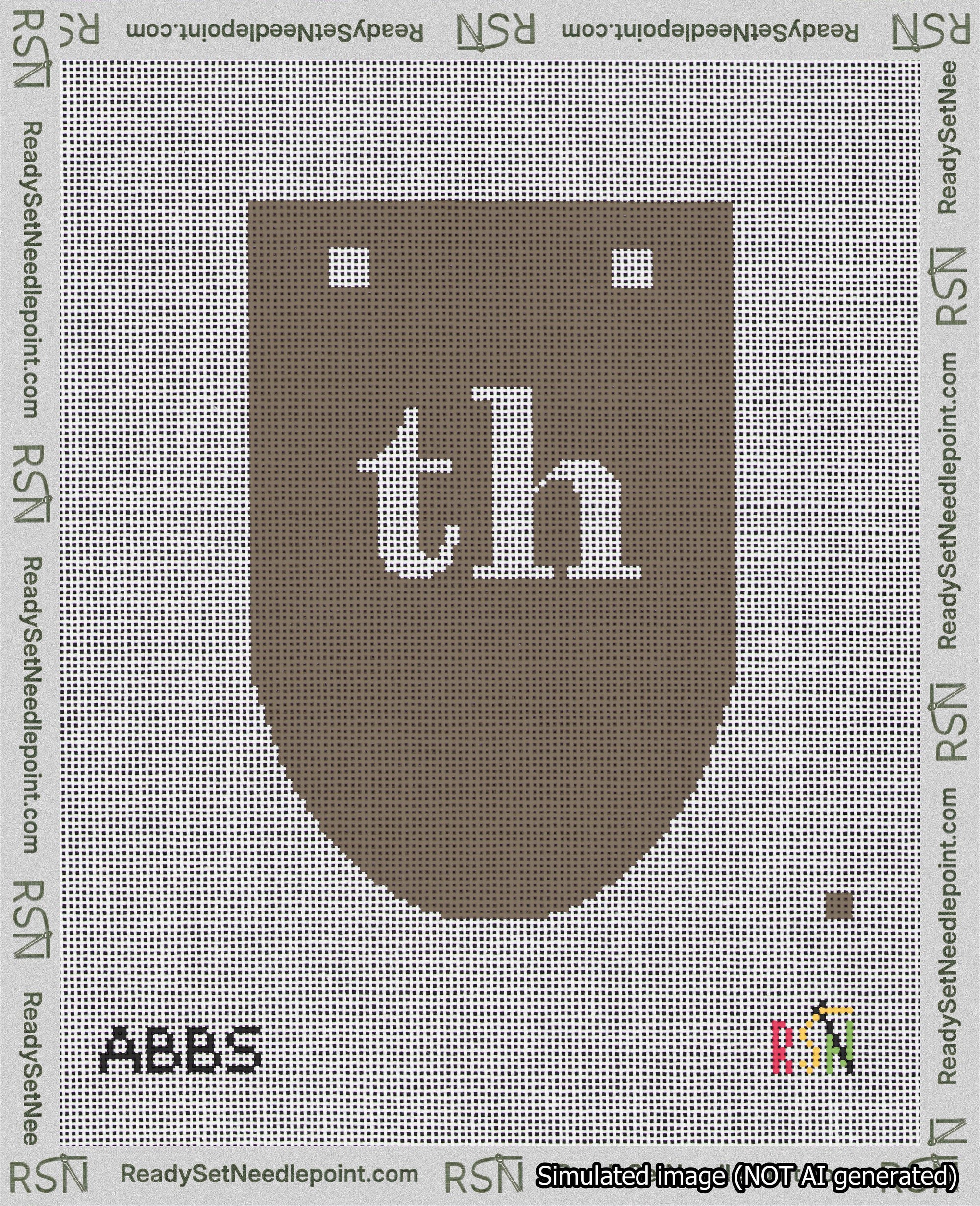 A taped needlepoint canvas with the design: Banner 18 mesh count Rounded th White on Brown.